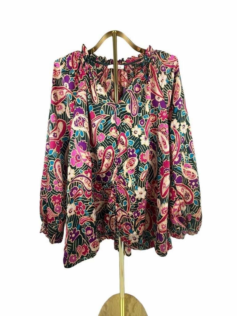 Umgee Plus Size Paisley Multicolor Long Sleeve Button Down Blouse 1XL WB8251